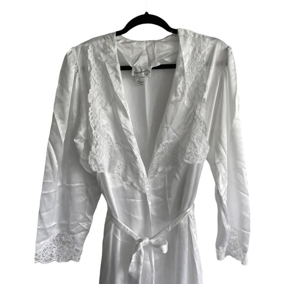 Unmentionables Vintage White Satin Robe With Belt Lace Made In Canada  S - Picture 4 of 8